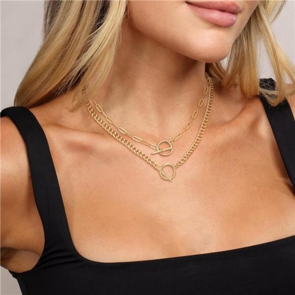 Gold Layered Necklace Set for Women – Paperclip & Cuban Toggle Chains - Picture 1 of 6